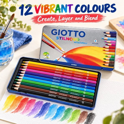 GIOTTO 12 matite colorate per acquerello in una scatola metallica, con mina da 3,3 mm, set per disegno e sfumature dai colori vivaci, ideale per studenti, artisti e appassionati di arte.