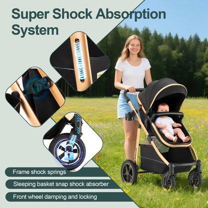 Passeggino 3 in 1 High Landscape per Neonati, Carrozzina Pieghevole Portatile di Lusso con Seggiolino Auto e Navicella da Viaggio