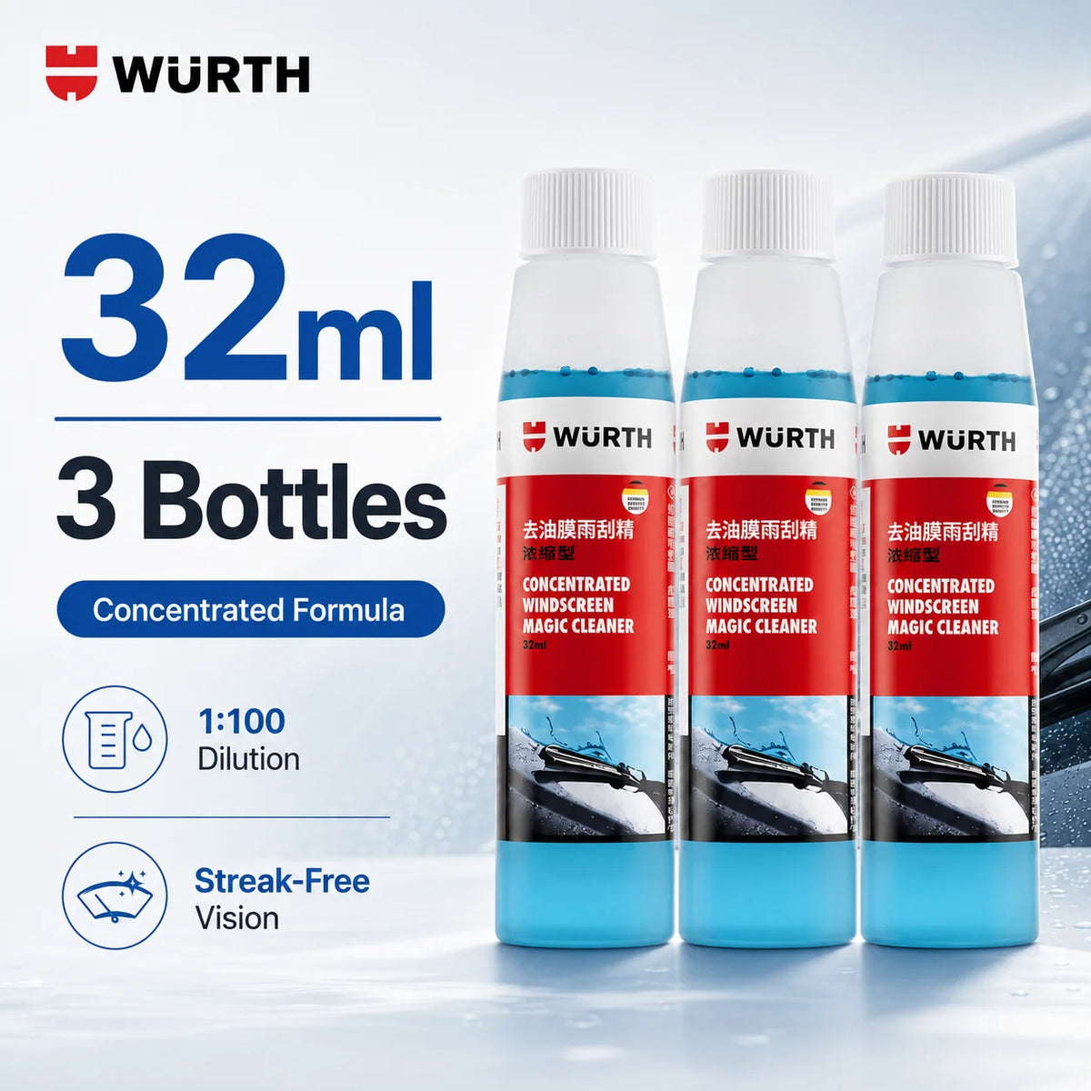 WURTH Detergente Concentrato per Parabrezza 1:100 Miscelazione Rapida Senza Aloni per Vetri Auto 32ml Arancione Blu