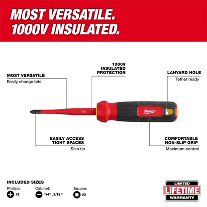 Milwaukee Set Cacciaviti Isolati 4-in-1 1000V con Punte Sottili Intercambiabili, Set Cacciaviti Multiuso, Utensile Manuale 48-22-2216