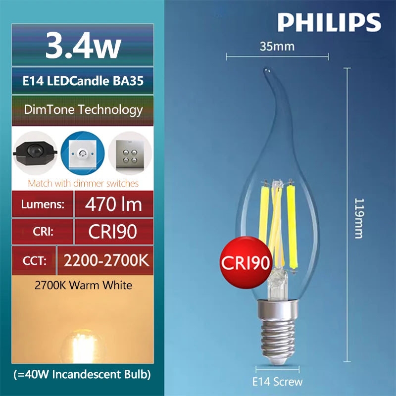 Philips Master LED Candela E14 Lampade a filamento 3,4 W = 40 W) BA35 Lampadine classiche 220-240 V DimTone Dimmerabile Luce decorativa bianca calda