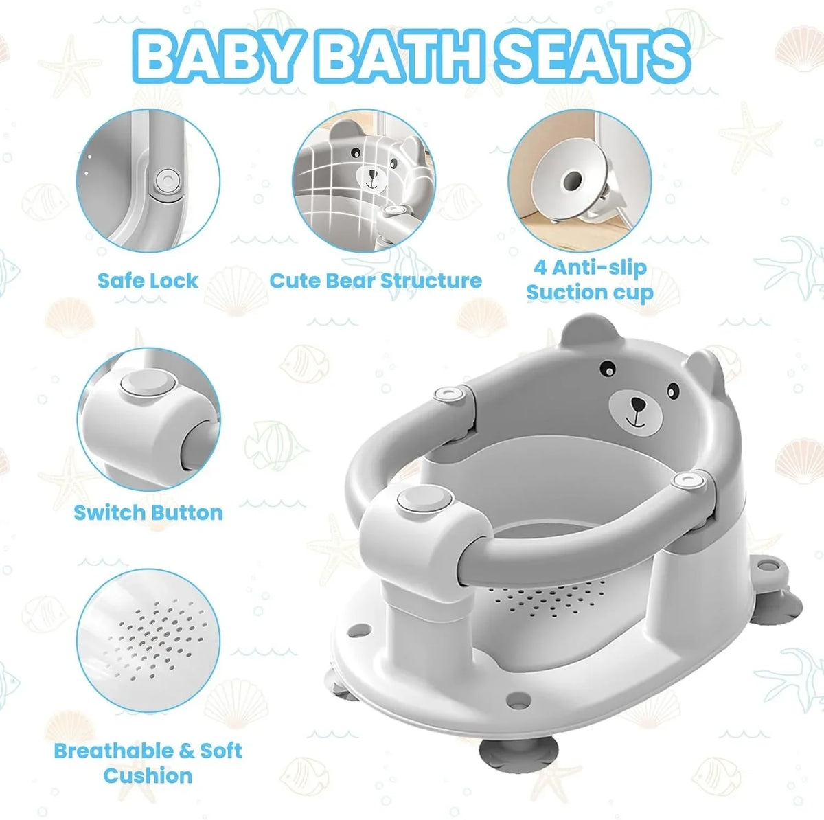 Seggiolino da bagno per neonati 6 mesi Plus. Sedia da bagno per bambini antiscivolo con orsetto carino Sedia da bagno sicura per neonati e neonati