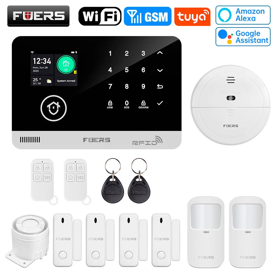 FUERS Sistema di allarme Smart Home WIFI GSM Allarme di sicurezza Host Ant-furto con sensore di movimento porta Tuya Smart App controllo lavoro Alexa