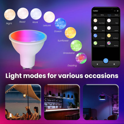 MOES Tuya Matter WiFi GU10 Lampadina intelligente Dimmerabile Luce a Led 16 milioni di colori RGB C + W Lampada a candela Controllo vocale Alexa Google Home