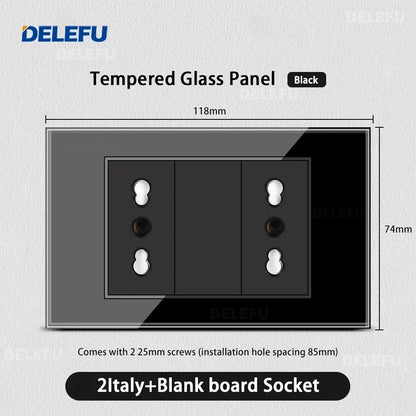 DELEFU Presa a Muro in Vetro Temperato Nero con USB Type-C per Ricarica Rapida, Interruttore Schuko, TV Sat, Telefono, Campanello, Italia/Cile
