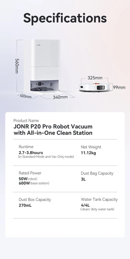 JONR Robot Aspirapolvere P20 Pro Edizione internazionale Lavare Aspirazione Salviette per asciugare Pulizia automatica Raccolta polvere Drenaggio Acqua