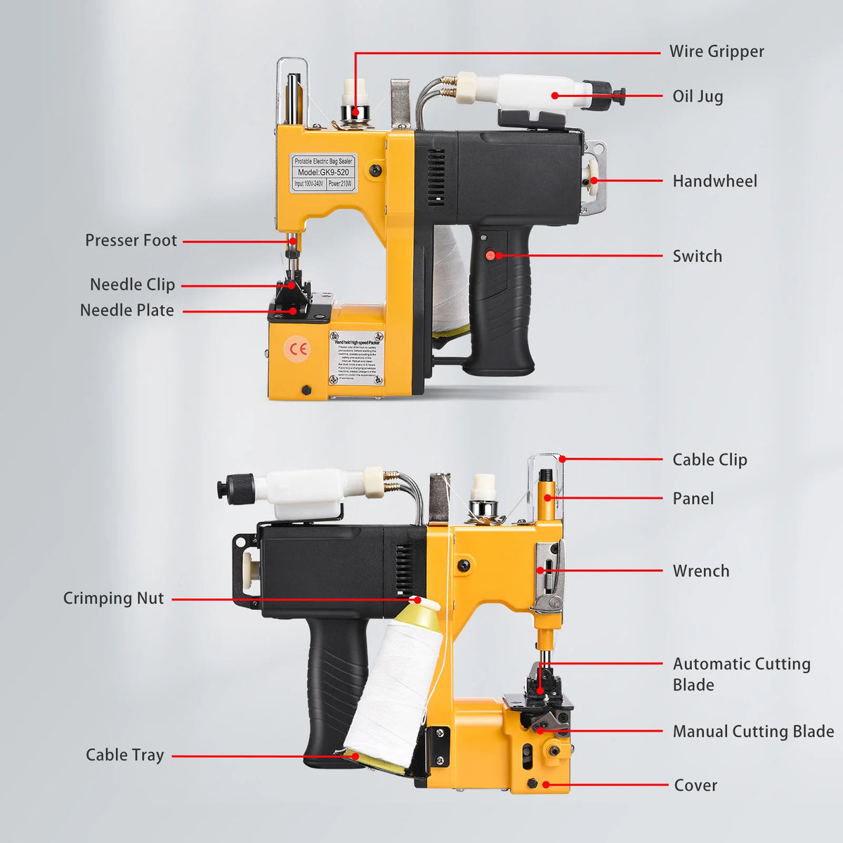 Macchina da cucire chiudiporta industriale con serbatoio dell'olio Stitcher per sacchetti portatile per riso/sacchio/tessuto/carta/sacchetti di plastica GK9-520 220V