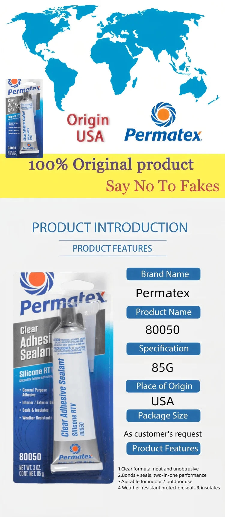 Permatex 80050 Adesivo Sigillante Siliconico RTV Trasparente 3oz Colla Flessibile Impermeabile per Vetro Metallo Plastica Vinile