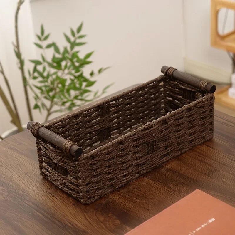 Cesto portaoggetti in legno massello con manico in corda di carta intrecciata in stile forestale, organizer per la cura del bagno e del lavabo, cesti da ripiano
