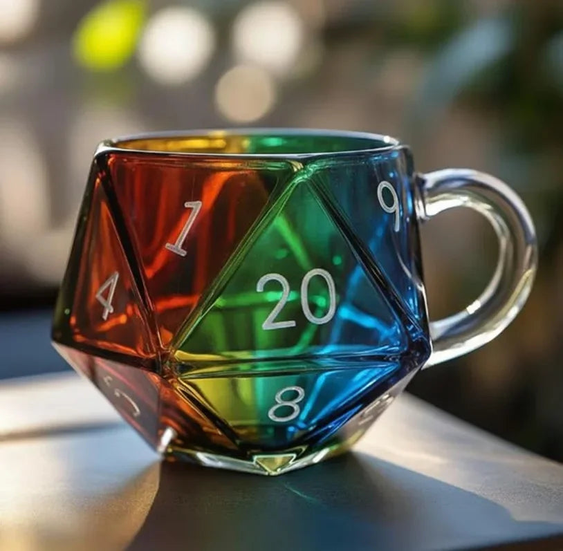 Tazza in vetro trasparente a forma di dado poliedrico con manico, ideale per serate di giochi di fantasia, un regalo originale per i giocatori.