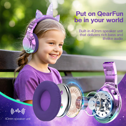 Cuffie wireless Unicorno per bambini Ragazze Auricolari Bluetooth Cuffie pieghevoli con orecchie di gatto per viaggi scolastici Cuffie per bambini