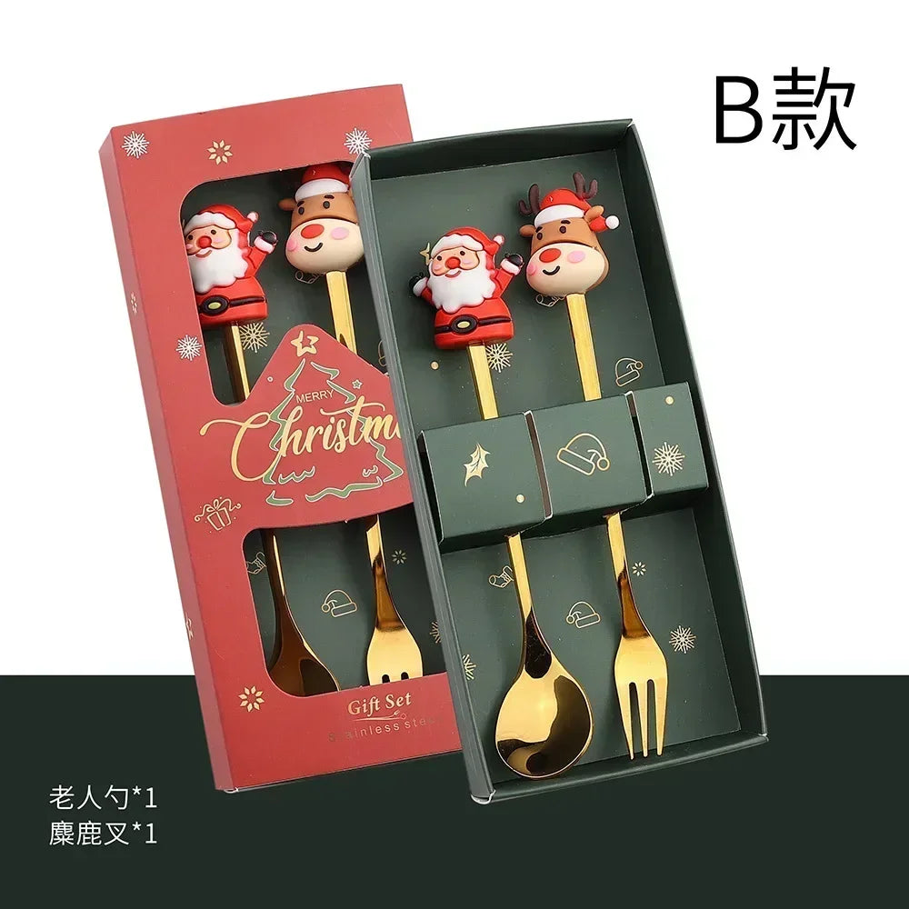 Set cucchiaio e forchetta natalizio in acciaio inossidabile caffè tè utensili da dessert confezione regalo design albero di Babbo Natale facile da pulire     6/4/2/1PZ