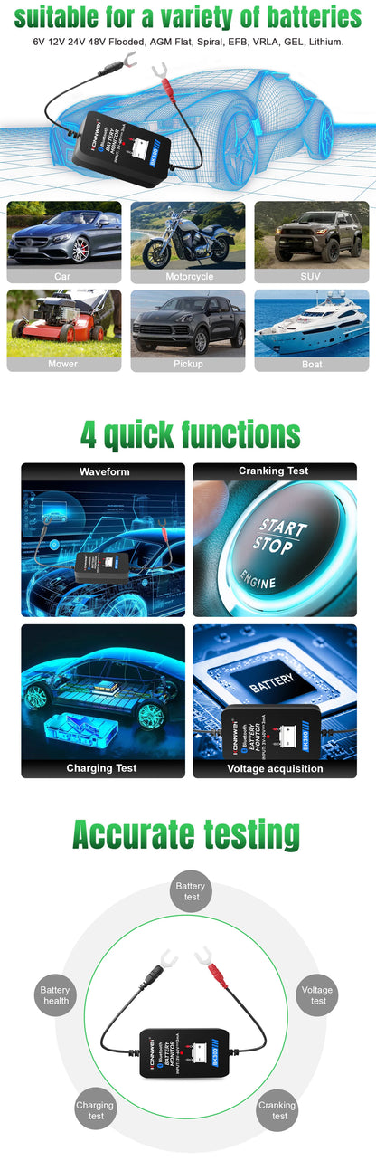 KONNWEI BK300 Tester Bluetooth per Batterie Auto 6V/12V/24V con App Mobile per Auto, Camper, Moto, Camion e Barche