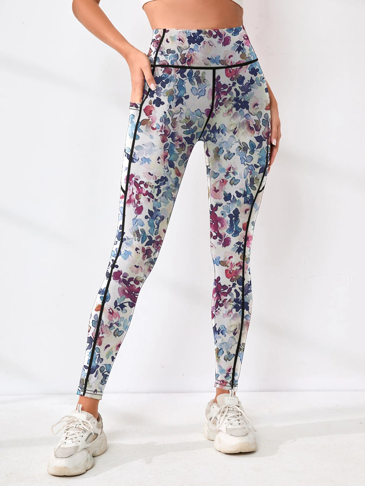 Pantaloni fitness da donna con tasca a vita alta stampati abbinati a pantaloni da yoga addominali attillati, adatti per correre, escursioni e sp