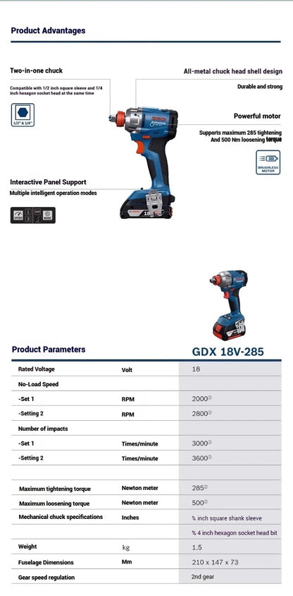 Bosch GDX 18V-285 Avvitatore/Chiave a percussione a batteria Utensili elettrici professionali Bosch AmpShare 18V Strumento di impatto 1/4" Drive esagonale