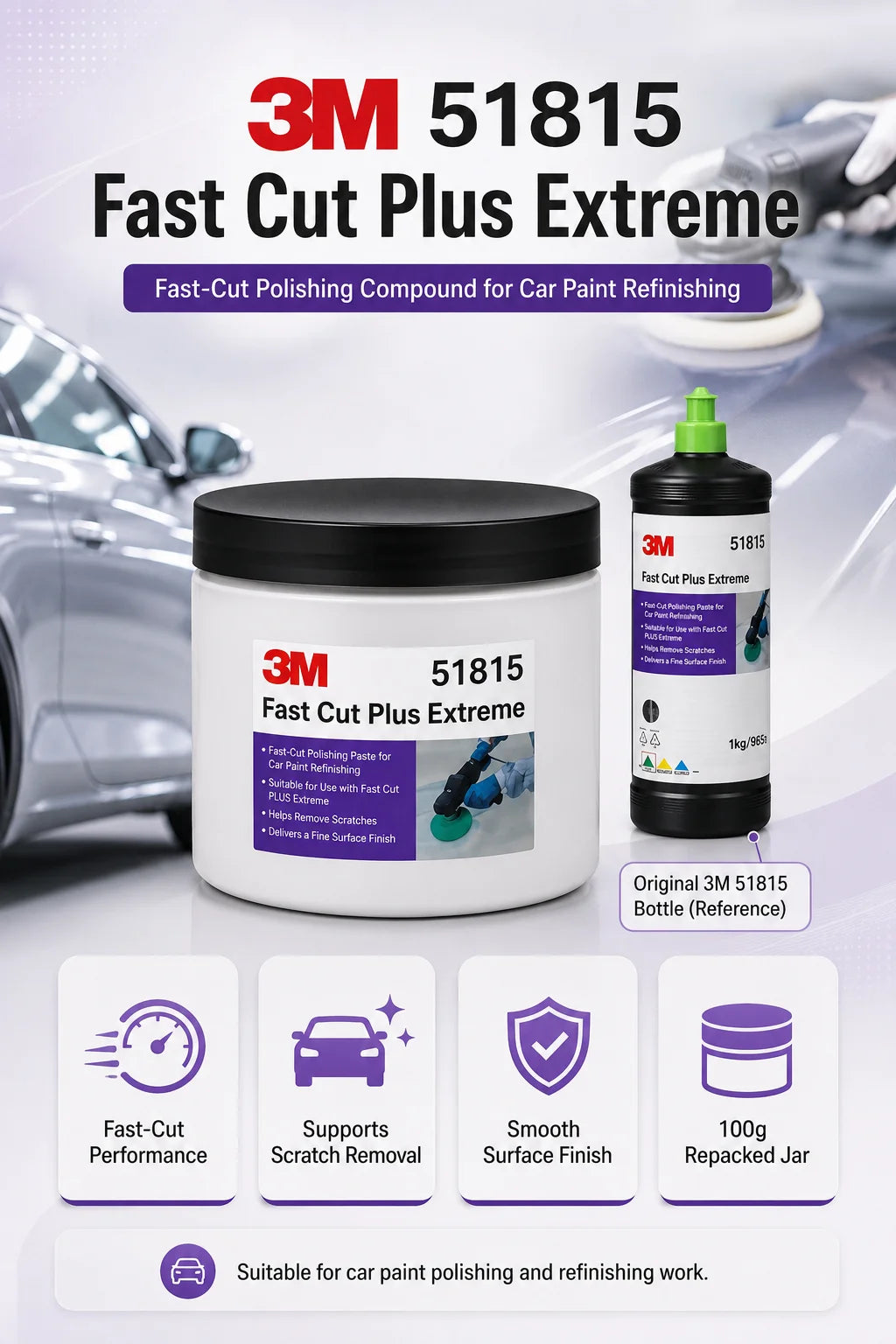 Composto Professionale 3M 51815 Fast Cut Plus Extreme per Lucidatura e Rimozione Graffi Vernice Auto, Confezione da 100g