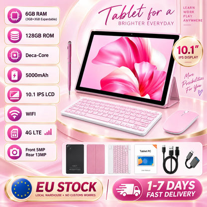KOOMDIGI T30 PRO Tablet PC 2-in-1 da 10,1 pollici, Android, 6GB RAM, 128GB ROM, 4G LTE, WiFi 2.4G+5G, doppia fotocamera 5MP+13MP con custodia rosa, penna stilo, tastiera e mouse