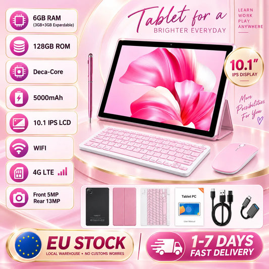 KOOMDIGI T30 PRO 10.1 Inch 2-in-1 Tablet PC Android 6GB RAM 128GB ROM 4G LTE 2.4G+5G WiFi Dual Camera 5MP+13MP with Pink Case Stylus Pen Keyboard Mouse