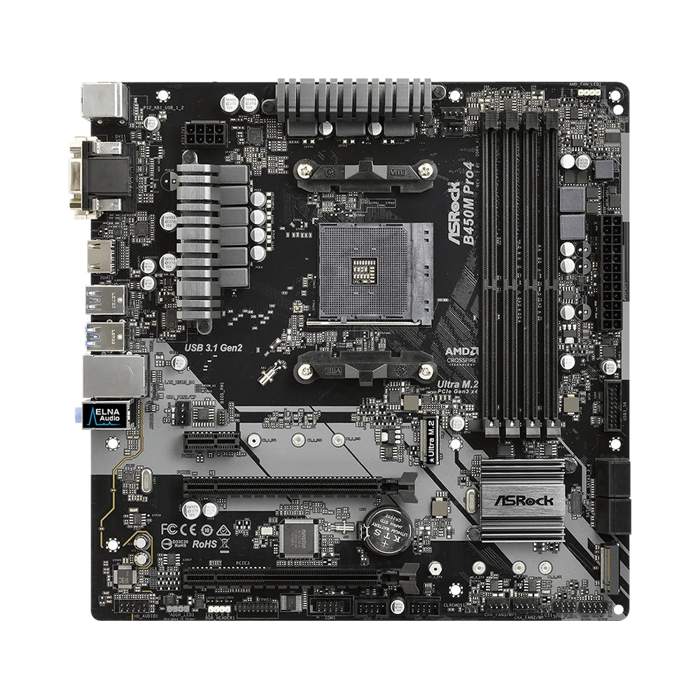 Scheda madre ASRock B450M PRO4, compatibile con CPU 5950X, 5800X3D, 5700X3D, 5600X, 5600G, 1700X, 2700X, socket AM4 AMD, 4 slot DDR4, 3200 MHz, formato MATX.