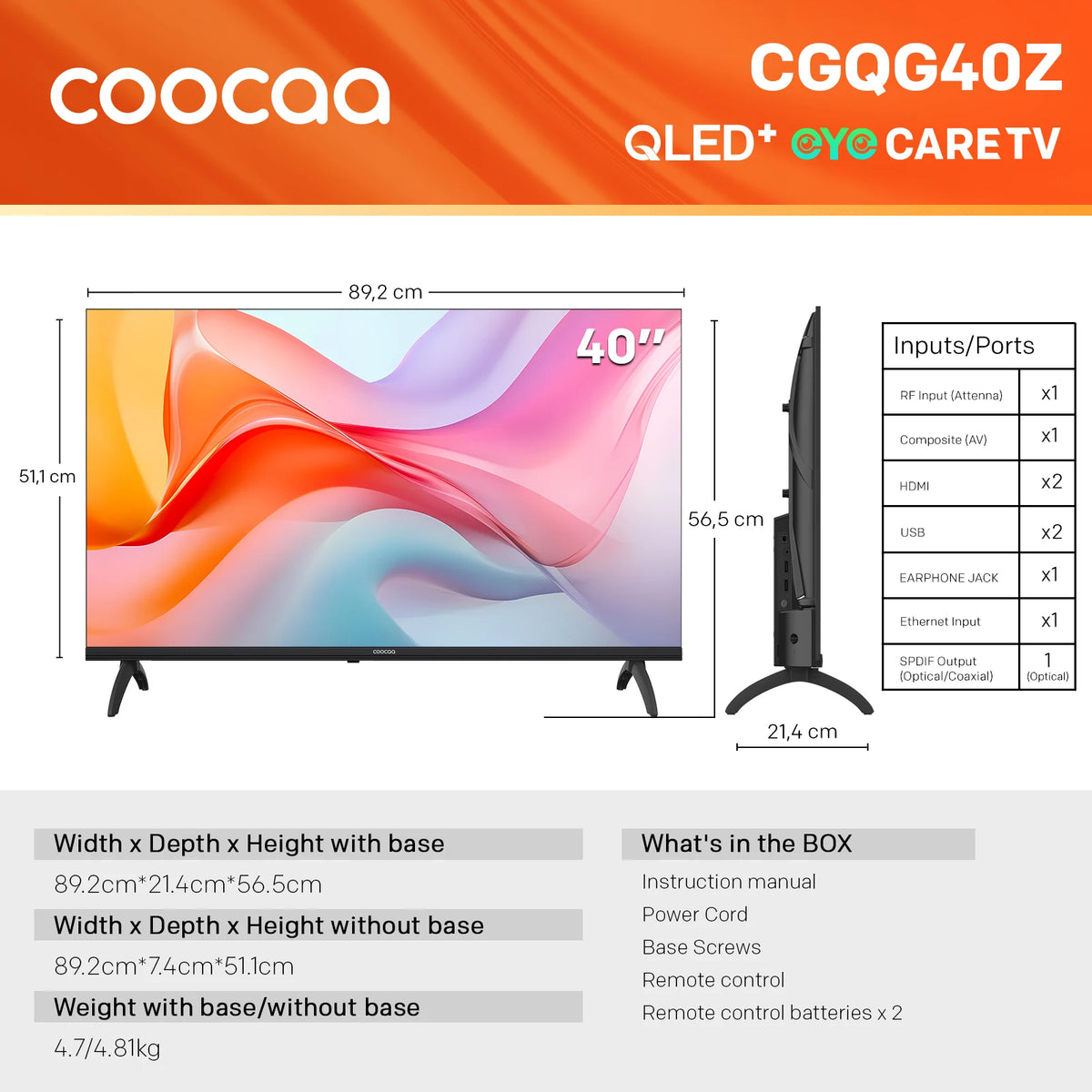 TV QLED Full HD Coocaa 40" – Google Cast integrato, 60Hz, HDR10 & HLG, Dolby Audio, Bluetooth 5.1, Qyocare 5.0 Anti Luce Blu, senza sfarfallio, 2 porte HDMI e 2 porte USB, luminosità 200 cd/m², rapporto di contrasto 5000: