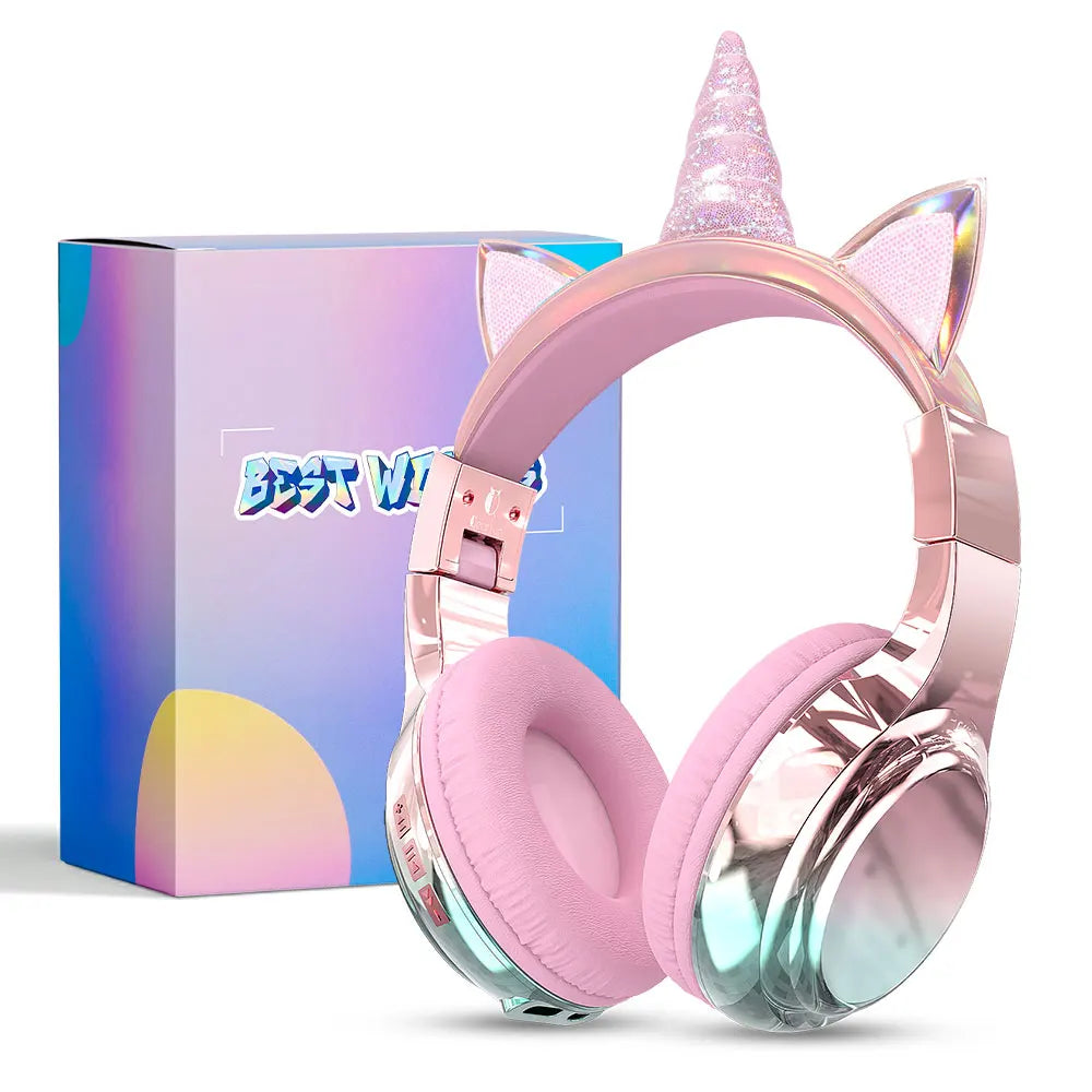 Cuffie wireless Unicorno per bambini Ragazze Auricolari Bluetooth Cuffie pieghevoli con orecchie di gatto per viaggi scolastici Cuffie per bambini