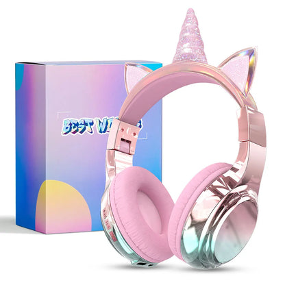 Cuffie wireless Unicorno per bambini Ragazze Auricolari Bluetooth Cuffie pieghevoli con orecchie di gatto per viaggi scolastici Cuffie per bambini