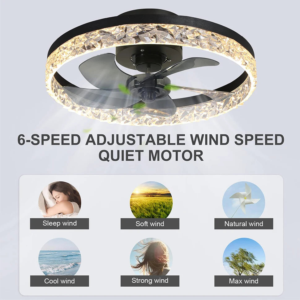 Ventilatore da Soffitto Intelligente con Lampada, Controllo Remoto e App, 6 Livelli di Vento, Dimmerabile, Nero Bianco 50CM, Ventilatore per Raffreddamento Domestico