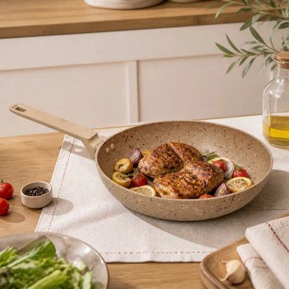 Padella in alluminio da 28 cm con rivestimento antiaderente effetto pietra, padella da cucina versatile compatibile con tutti i tipi di piani cottura, inclusa l'induzione, manico ergonomico e cottura sana senza sforzo.