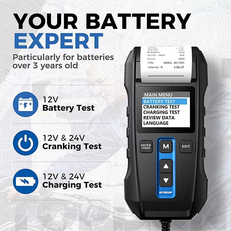 TOPDON BT300P Tester per Batterie Auto 12V 24V, Tester di Carico Automobilistico 100-2000 CCA con Stampante Integrata, Strumento Diagnostico per Sistema di Avviamento e Ricarica, Analizzatore per Batterie AGM, Gel, EFB e a Pi