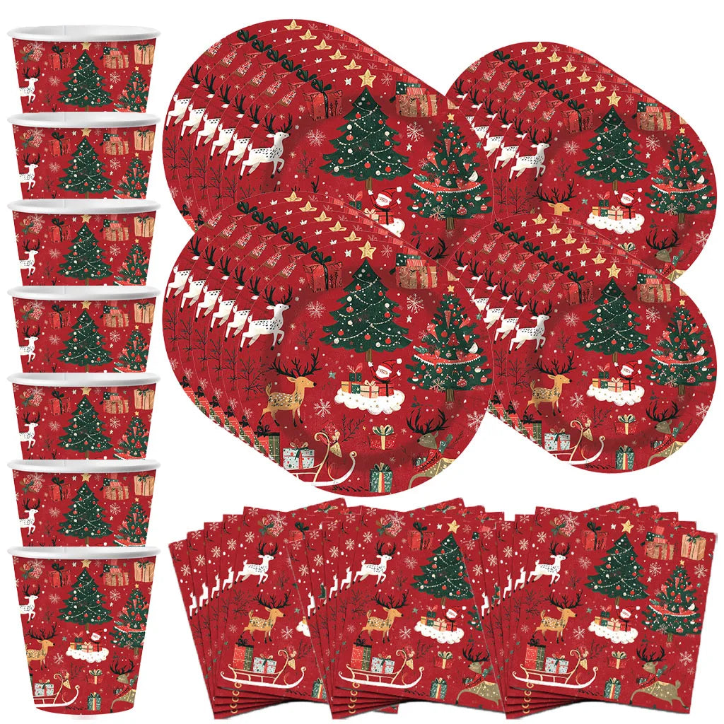 Set di stoviglie per feste a tema natalizio, con decorazioni a tema renna e albero, piatti, bicchieri e tovaglioli di carta usa e getta, articoli per le feste di Capodanno.