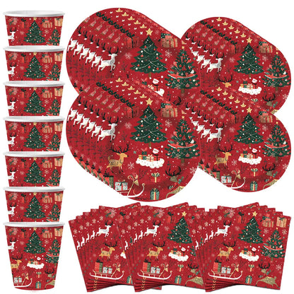 Set di stoviglie per feste a tema natalizio, con decorazioni a tema renna e albero, piatti, bicchieri e tovaglioli di carta usa e getta, articoli per le feste di Capodanno.