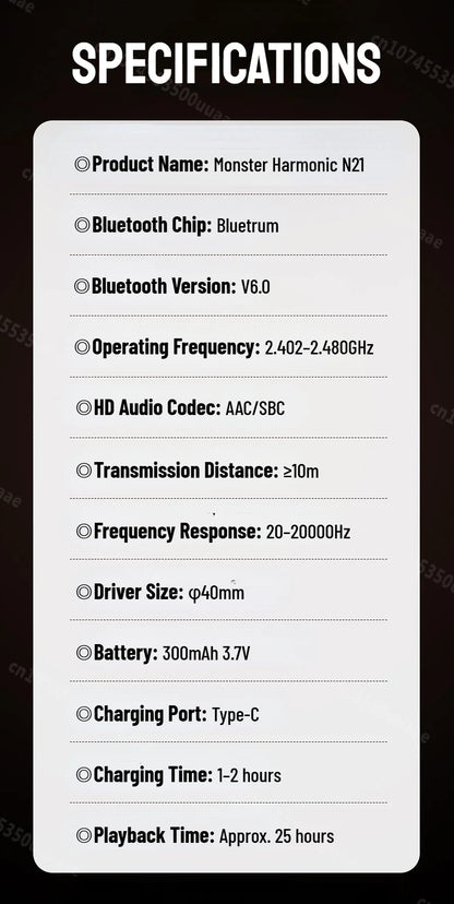 Cuffie Bluetooth 6.0 Monster N21 con Doppia Modalità EQ, Auricolari Stereo Immersivi, Pieghevoli Over-Ear, con Microfono, Cablate/Wireless