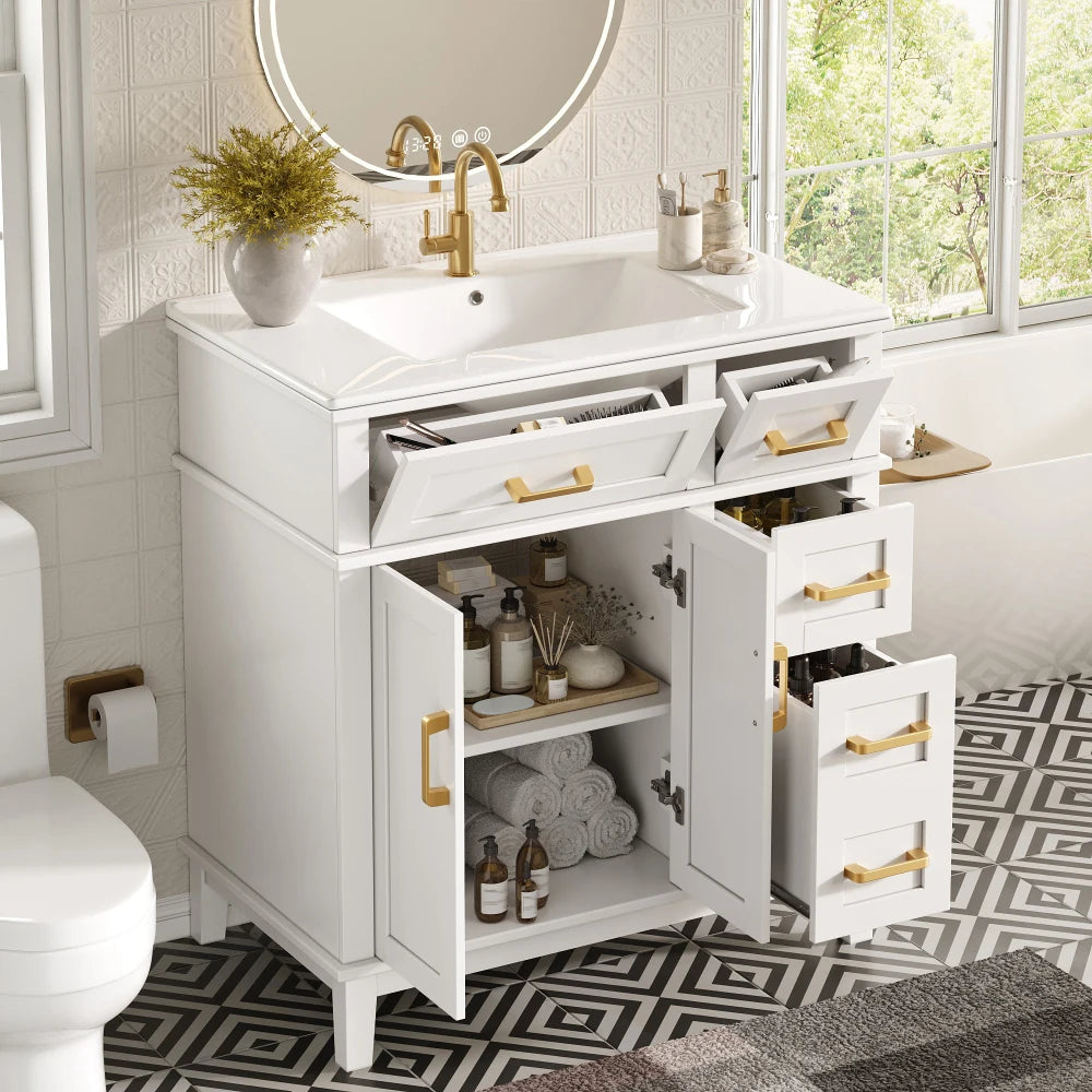 Mobile bagno moderno 76x86x46,5 cm con lavabo in ceramica integrato, mobiletto a cassetti autoportante con ampio spazio contenitivo, dotato di chiusura ammortizzata silenziosa e protezione dal troppo pieno del lavabo, elegant