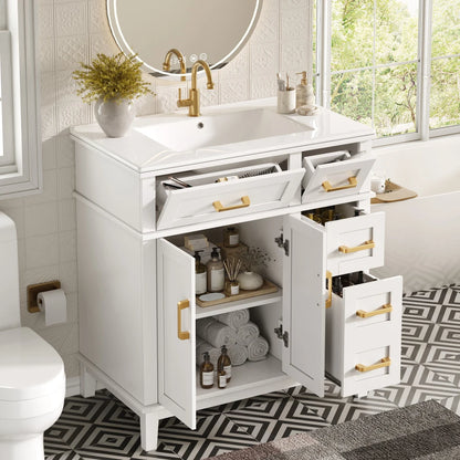 Mobile bagno moderno 76x86x46,5 cm con lavabo in ceramica integrato, mobiletto a cassetti autoportante con ampio spazio contenitivo, dotato di chiusura ammortizzata silenziosa e protezione dal troppo pieno del lavabo, elegant