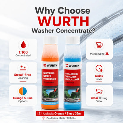 WURTH Detergente Concentrato per Parabrezza 1:100 Miscelazione Rapida Senza Aloni per Vetri Auto 32ml Arancione Blu