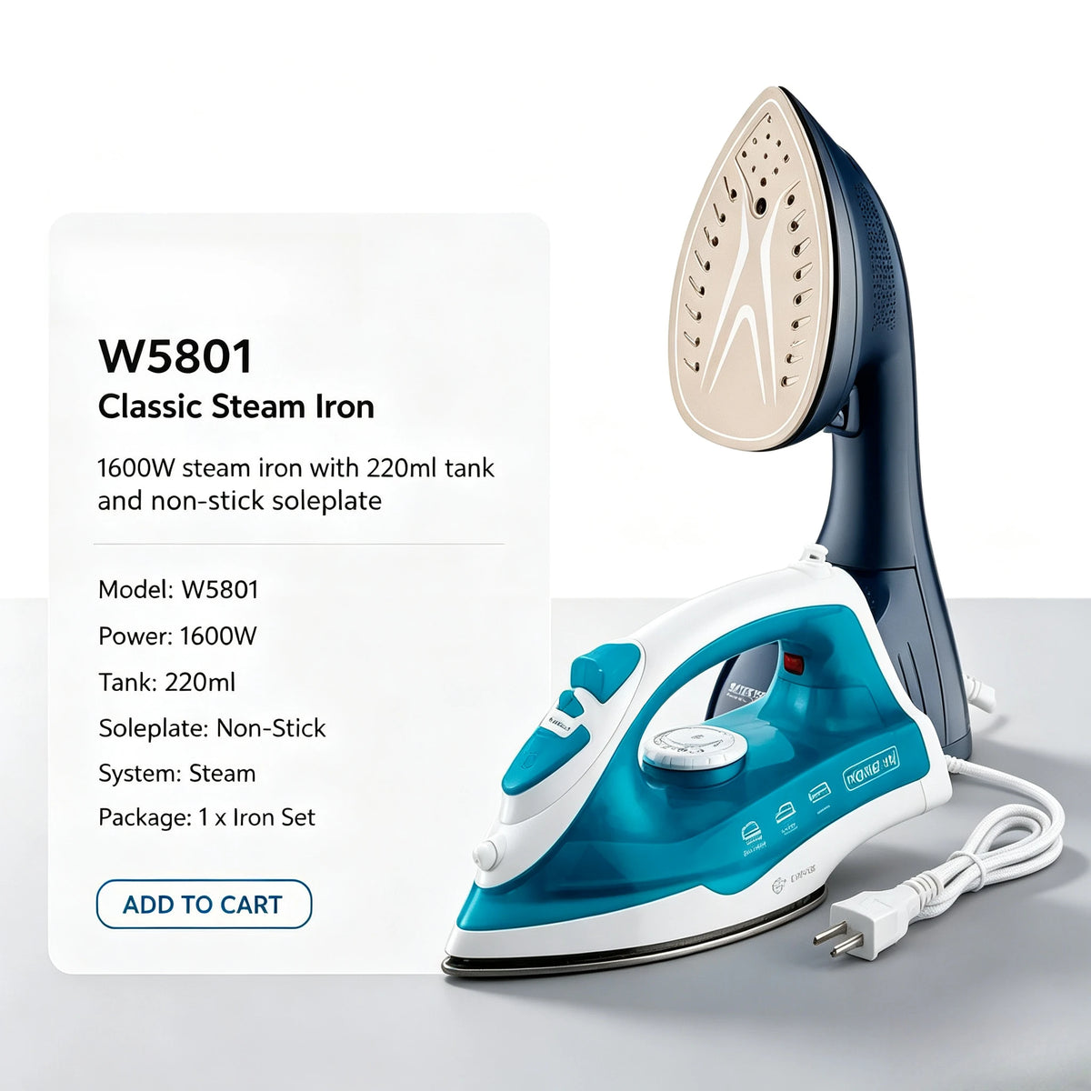 Ferro da stiro elettrico a vapore WETECH, serie W5801‑W5806, potenza massima 1200‑2200W, ideale per la stiratura dei capi, con funzione di autopulizia, controllo del vapore regolabile, piastra in acciaio/ceramica/antisciv