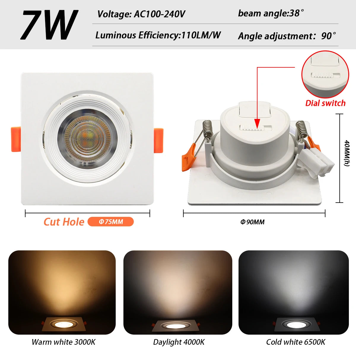 Faretto Orientabile 7W con Regolazione Colore 3000K 4000K 6000K, Illuminazione CCT 7W, Sostituzione Downlight per Illuminazione Direzionale Domestica (1-10 Pezzi)