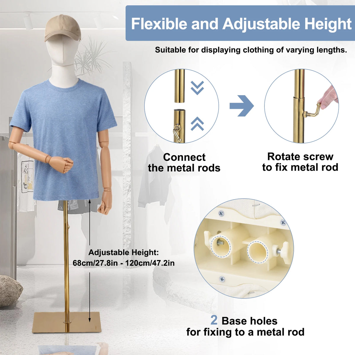 Manichino Regolabile per Sartoria ed Esposizione, Torso Femminile con Testa e Braccia Staccabili, Supporto Dorato Regolabile in Altezza, con Rivestimento in Lino, per Abbigliamento Donna, Uomo, Bambino e Esposizione Gioielli