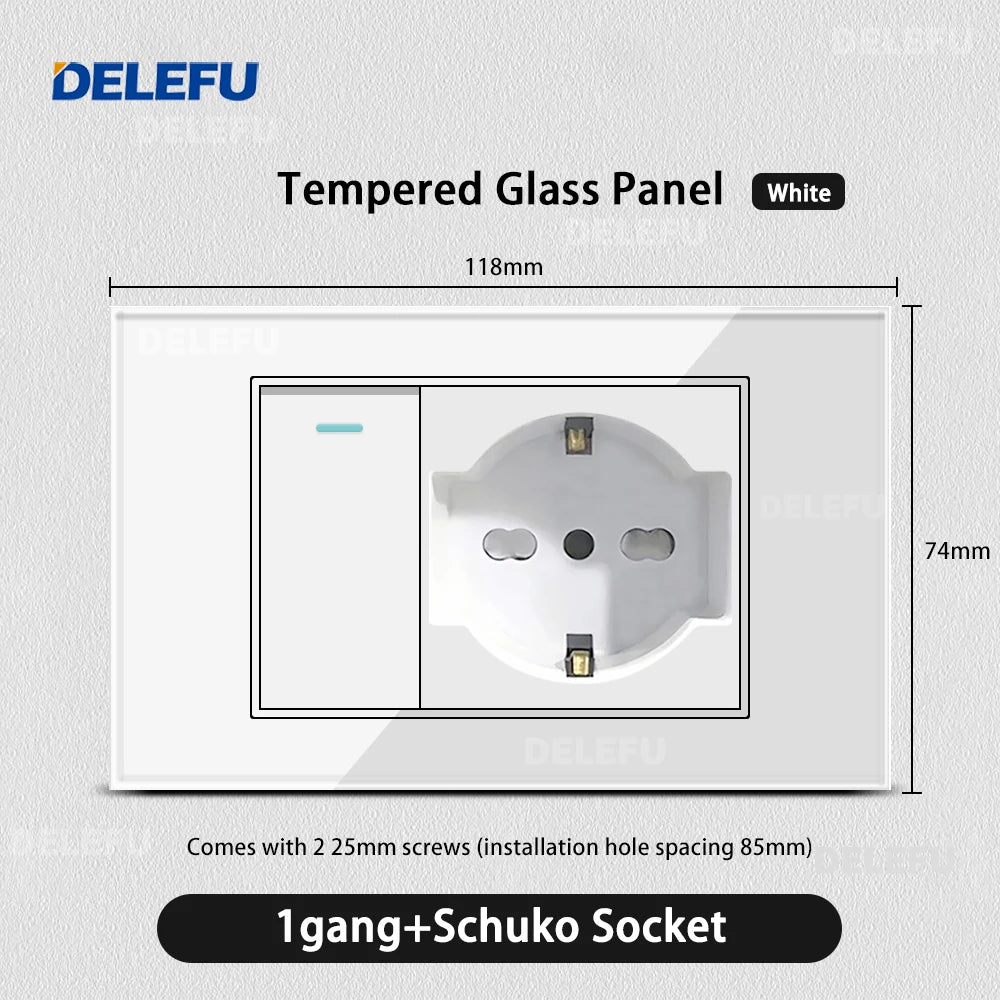 DELEFU Presa a Muro in Vetro Temperato Bianco Italia USB Tipo C Ricarica Rapida Interruttore Schuko TV Satellitare Citofono Cile