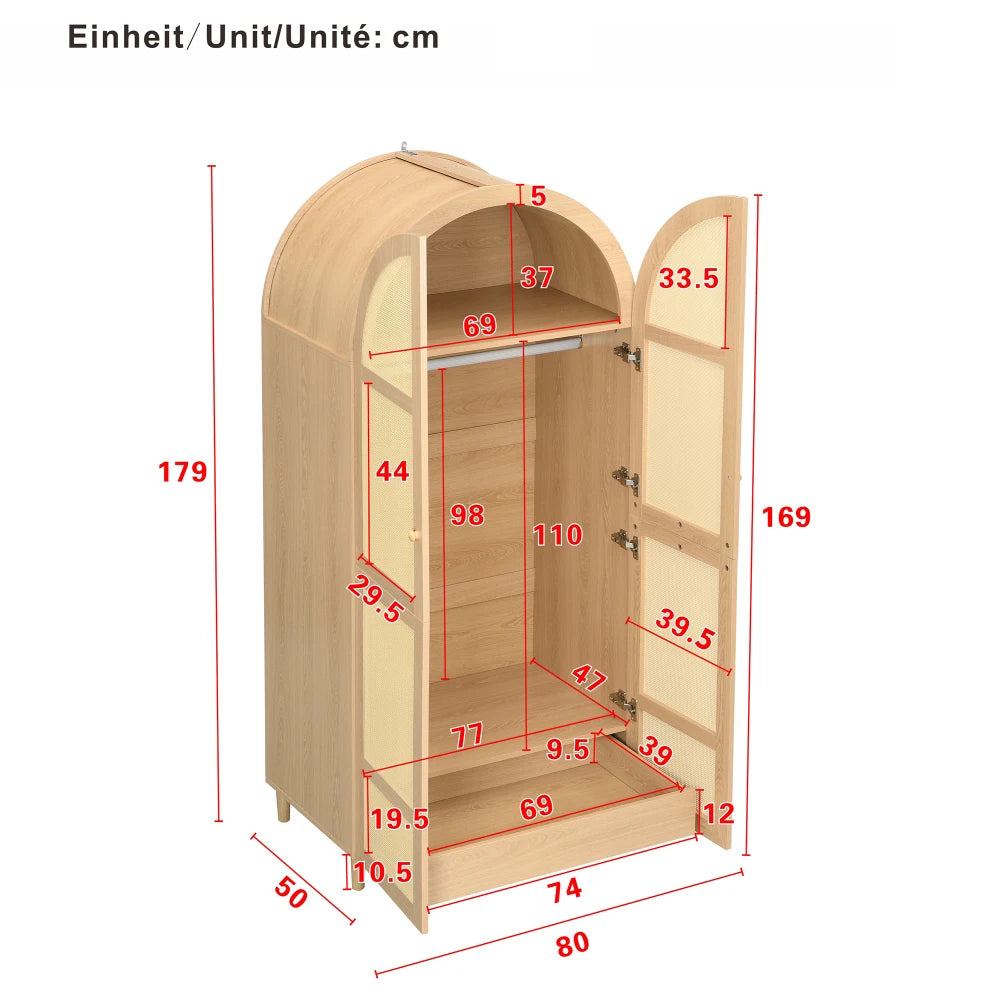 Armadio moderno e lussuoso con ante curve, spazio di archiviazione generoso, appendiabiti e cassetti, per camera da letto e aree d'ingresso