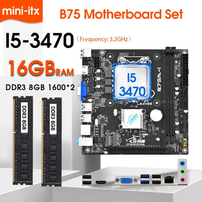 Kit Scheda Madre Mini ITX B75 con Processore Core I5 3470, 16GB di Memoria DDR3, Supporto CPU I3 I5 I7, Socket LGA1155