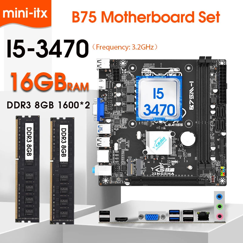 Kit Scheda Madre Mini ITX B75 con Processore Core I5 3470, 16GB di Memoria DDR3, Supporto CPU I3 I5 I7, Socket LGA1155
