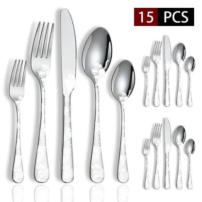 Set di posate in acciaio inossidabile con incisione laser Rose Cat, 4/15/25/40 pezzi, coltello, forchetta, cucchiaio, per coppie, stoviglie per feste