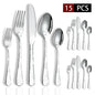 Set di posate in acciaio inossidabile con incisione laser Rose Cat, 4/15/25/40 pezzi, coltello, forchetta, cucchiaio, per coppie, stoviglie per feste