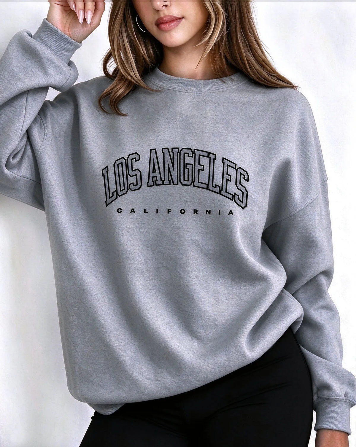 Felpa da donna con scollo rotondo, stampa con scritta LOS ANGELES, maniche lunghe, modello casual, ideale per un look streetwear, perfetta per l'autunno e l'inverno, felpa ampia.