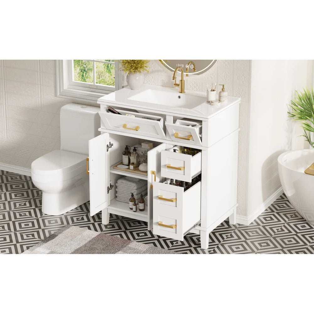 Mobile bagno moderno 76x86x46,5 cm con lavabo in ceramica integrato, mobiletto a cassetti autoportante con ampio spazio contenitivo, dotato di chiusura ammortizzata silenziosa e protezione dal troppo pieno del lavabo, elegant