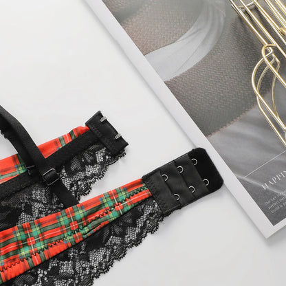 Completo intimo da donna con stampa a quadri, composto da reggiseno push-up con ferretto e perizoma, in pizzo nero con applicazioni, ideale per Natale, modello L1018.