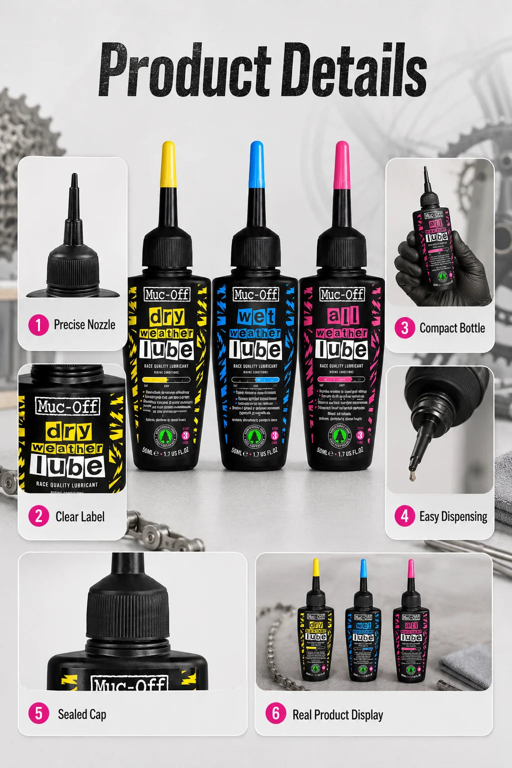 Lubrificante per Catene Muc-Off 50ml, per Uso a Secco o Bagnato, Adatto a Tutte le Condizioni Atmosferiche, Riduce l'Attrito e Garantisce Cambi Fluidi per Biciclette da Strada e MTB