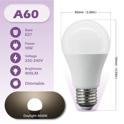 Lampadina LED Dimmerabile E27 10W 15W 20W AC 220V 3000K-6500K 0-100 Dimmerabile, Lampada a Tono Naturale per Balcone, Sala da Pranzo, Ingresso