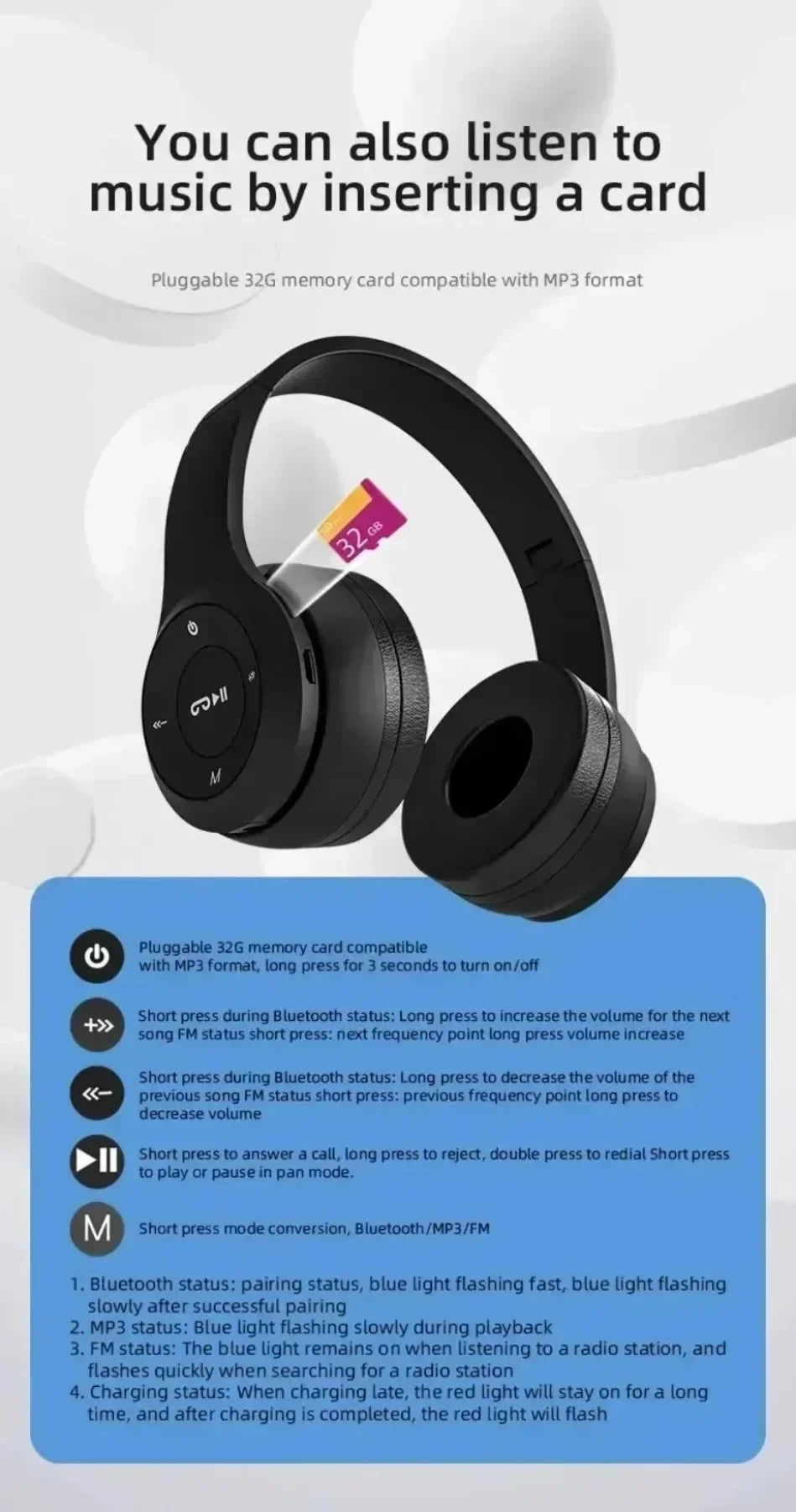 Cuffie Bluetooth 5.0 Pieghevoli Senza Fili, Auricolari Portatili HiFi Over-Ear per Sport, Viaggi, Uso Quotidiano, Giochi e Musica
